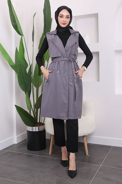 İmajButik سترة رمادية بحزام الخصر وأكتاف كتاف