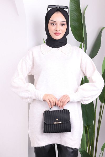 İmajButik Μπεζ πέτρινο γιακά Şardon Knitwear Tunic