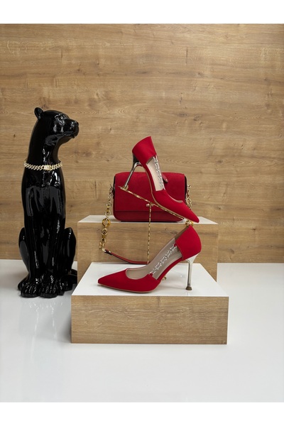 MADAM Kırmızı süet stiletto kırmızı süet çanta kombini