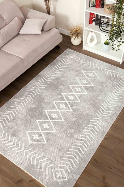 Serente Home Scandinavian Patterned Washable Non-Slip Base Chenille Beige Entrance Carpet 4013