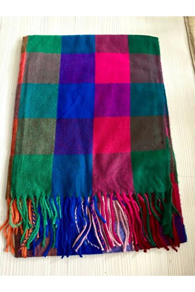 alsaccessories Πολύχρωμο μπλε σάλι με τετράγωνο σχέδιο, μήκος κασκόλ 205Χ πλάτος 40 εκ.