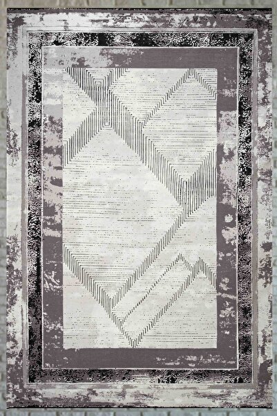 Serente Home Bordür Desenli Yıkanabilir Kaymaz Taban Mürdüm Kırık Beyaz Şönil...