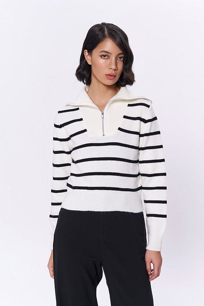 Quzu Striped Knitwear Sweater with Zipper Collar - White - Standard