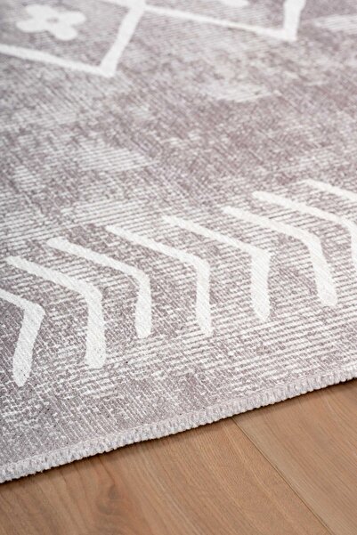 Serente Home Scandinavian Patterned Washable Non-Slip Base Chenille Beige Entrance Carpet 4013