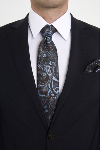 Brianze Brown Blue Shawl Motif Pattern Tie Handkerchief Set