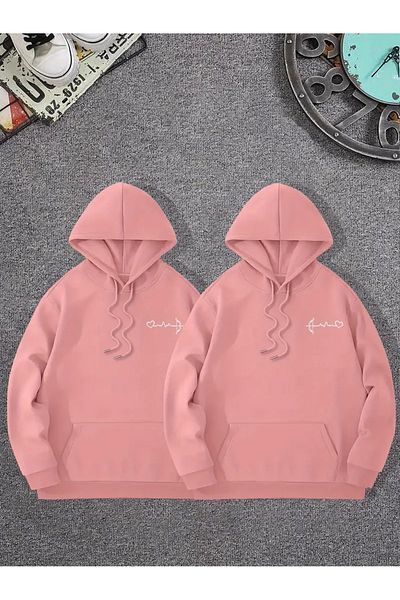 Karatopak 2-Piece Small Heart and Arrow Printed Couple Special Unisex Oversize Hooded Sweatshirt