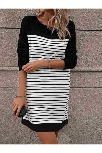İpeksi Silky Women's Crew Neck Long Sleeve Striped Two Thread Fabric Mini Length Dress