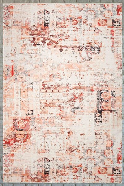 Serente Home Eskitme Desenli Yıkanabilir Kaymaz Taban Kırmızı Beyaz Şönil Ant...