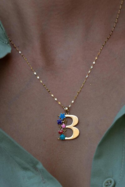 Bayar Gold 14 Ayar Altın B Harf Yarım Çiçekli Kolye