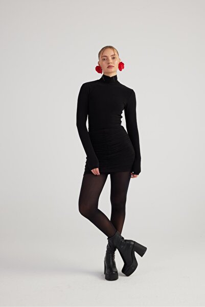 HOLLY LOLLY Balıkçı Yaka Büzgülü Mini Tami Elbise Siyah