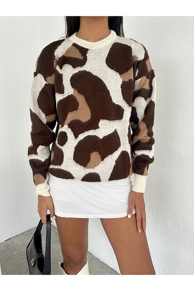 Brantu Pulover de damă, colorat, cu imprimeu leopard, cu gâtul rotund