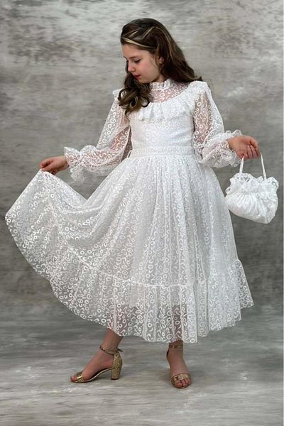 Riccotarz White Girl's Dress - Transparent Tulle and Ruffle Detail