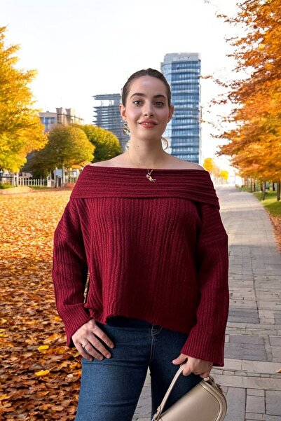 Entropy E0087 Geniş Madonna Yaka Oversize Kadın Kazak - Bordo