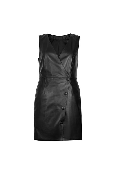 Desa Arnola Black Women's Double Breasted Leather Dress