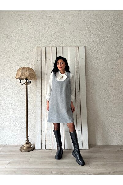 KÜÇÜĞÜM BUTİK Γκρι φόρεμα με μοτίβο ψαροκόκαλο με τετράγωνο λαιμόκοψη κοντό φόρεμα (ΚΟΝΤΟ)