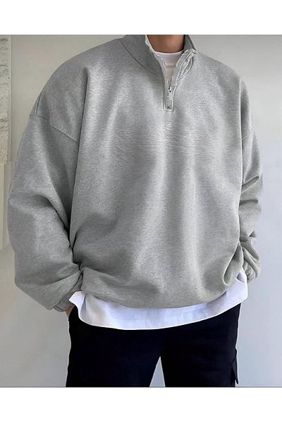 SELENA BUTİK Φούτερ Unisex με μισό φερμουάρ γιακά γκρι
