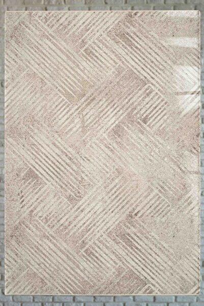 Serente Home Çizgili Eskitme Desenli Yıkanabilir Kaymaz Taban Bej Krem Şönil ...