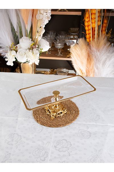 ARGKRİSTAL Rectangular Presentation Table with Metal Legs with Gold Detail