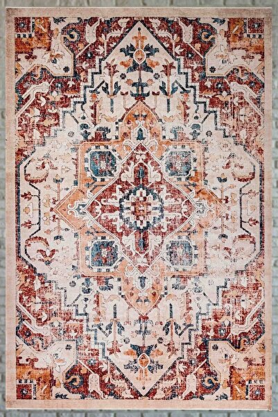 Serente Home Otantik Desenli Yıkanabilir Kaymaz Taban Krem Kırmızı Şönil Antre Halısı 4072
