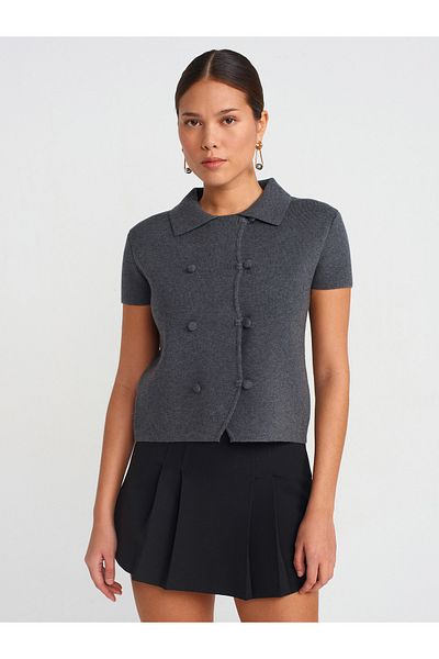 Dilvin 60281 Smoked M. Polo Collar Buttoned Knitwear Cardigan
