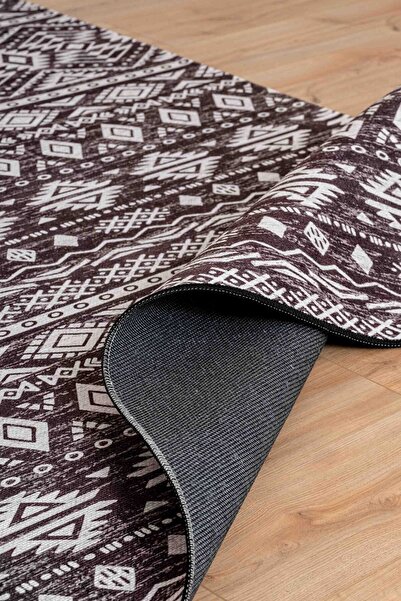 Serente Home Nordic Patterned Washable Non-Slip Base Chenille Brown White Kitchen Carpet 4049