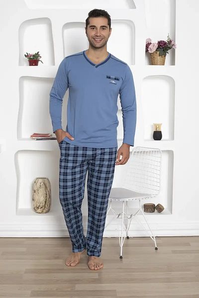 ALİMER Σετ ανδρικές πιτζάμες καρό - μακρυμάνικο Indigo Combed Cotton 1210UY