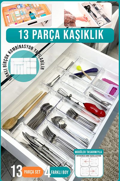 FİTHOME 13-Piece Modular Cutlery and Drawer Organizer Clear Organizer Two Drawer Can Be Used
