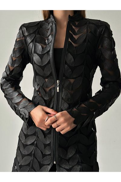 bymaestro woman Jachetă din piele cu frunze de miel de design pentru femei