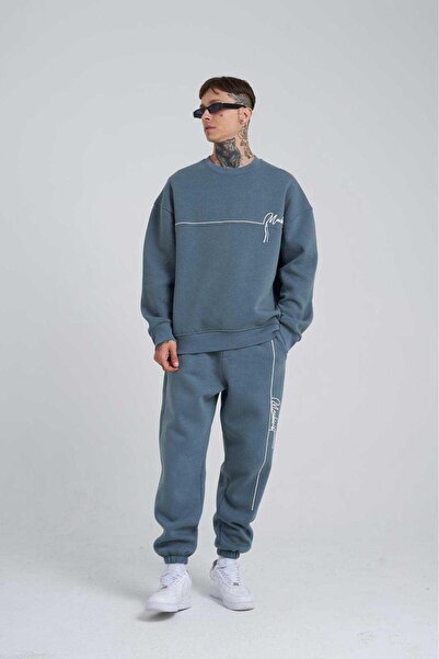 Machinist Мъжка бродирана синя суитшърт с голям размер