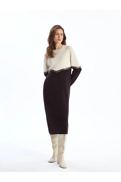 LC Waikiki Crew Neck Color Blocked Women's Knitwear Dress