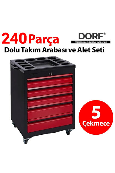 dorf 240 Parça Dolu Takım Arabası Havalı Tabanca Ve  Alet Setleri 5 Çekmece