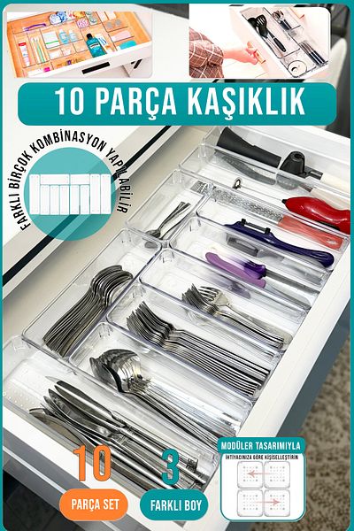 FİTHOME Set of 10 Modular Clear Cutlery Organizer Spoon Organizer Drawer Inside Organizer