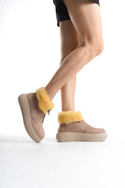 Moda Değirmeni Άνετες γυναικείες μπότες με επένδυση από γούνα βιζόν, μπροστινό φερμουάρ, εσωτερική γούνα, χοντρή σόλα BG1165-116-0004