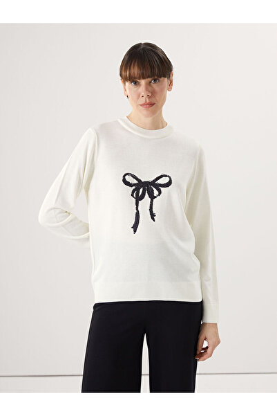 LC Waikiki Ecru Crew Neck Sequin Embroidered Women's Knit Sweater