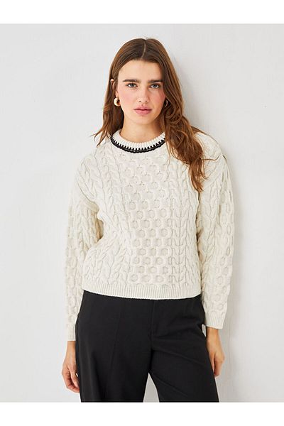 LC Waikiki Lcw Vision Ecru Crew Neck Self Patterned Women's Knitwear Sweater