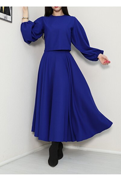 Modamorfo Saks színes ballon ujjú krepp blúz és szoknya szett