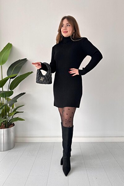 MaziButik Yarım Balıkçı Triko Elbise Siyah