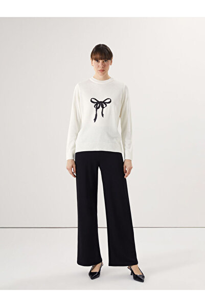 LC Waikiki Ecru Crew Neck Sequin Embroidered Women's Knit Sweater