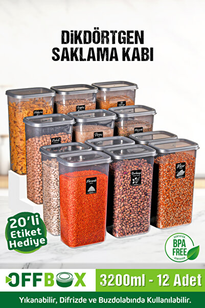 OFFBOX 12 Adet 24 Parça 3,2 Litre Mega Boy Dikdörtgen Erzak Bakliyat Saklama Kabı 20 Etiket Hediyeli