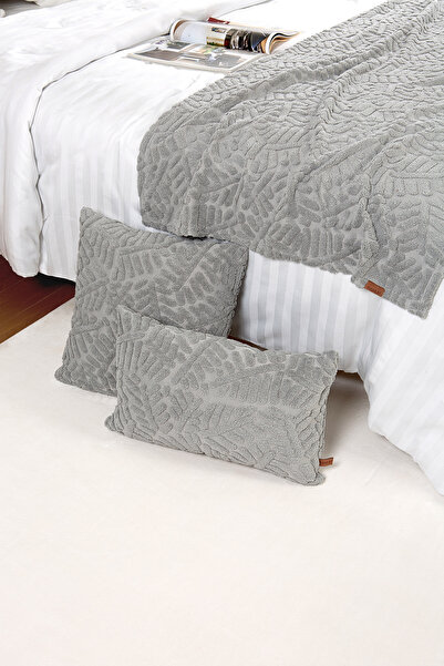 HAMUR Yatak Runner Kırlent Seti Bohem Punch Panç Desen Yatak Örtüsü Forest Gri