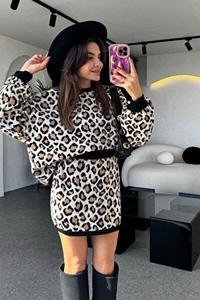 Marbella طقم تنورة وبلوفر نسائي بنقشة جلد الفهد، مقاس قياسي مزدوج