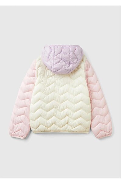 United Colors of Benetton Palton puf subțire cu glugă brodat cu logo mixt alb pentru fete