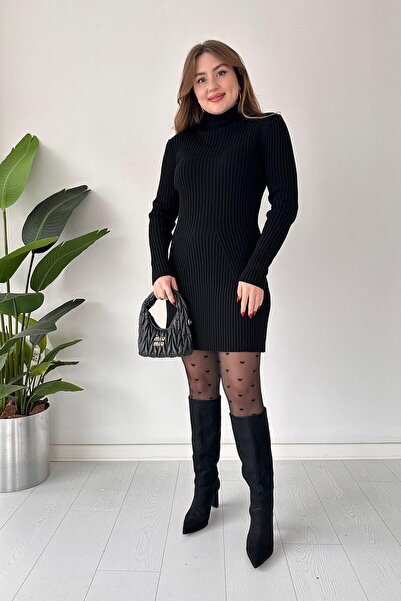 MaziButik Yarım Balıkçı Triko Elbise Siyah