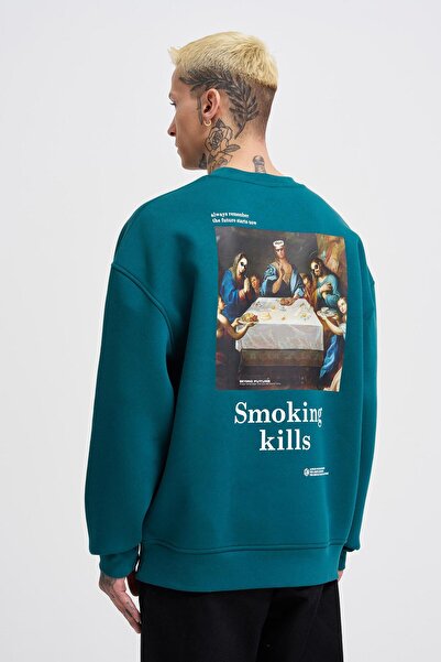 Machinist Ανδρικό φούτερ Smoking Kill με τύπωμα oversized Petrol Green