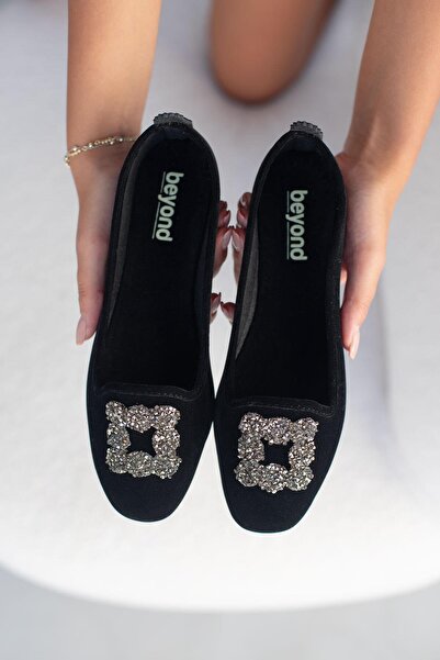 Beyond Γυναικείες μαύρες μπαλαρίνες Cardif Square Bockle Velvet Home 1cm Byndshr03