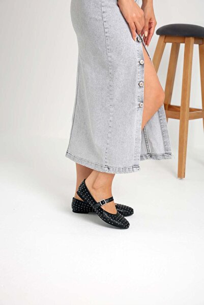 Beyond Women's Black Mejita Needle Trock Single Strap Leather Ballerinas Byndmjit01