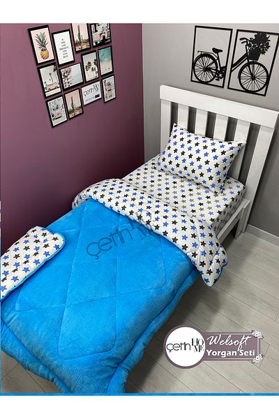 Çetinhome Single Reversible Welsoft Quilt with Pillow Case Soft Surface 155x215cm Blue Star