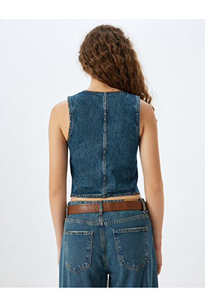 Koton V Yaka Taşlı Düğmeli Kolsuz Slim Fit Kot Yelek
