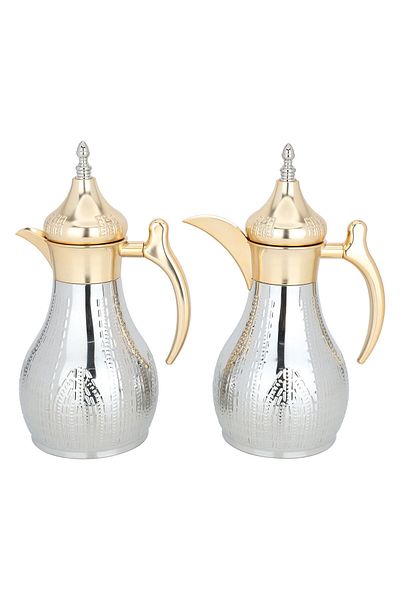 Alsaif Gallery Haila Thermos Set, Silver, Engraved, With A Golden Mouth, Two Pieces