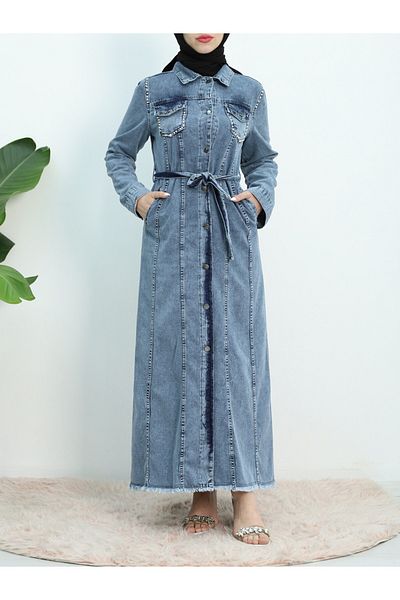 Modamorfo Rochie din denim cu piatră albastră - cu cravată în talie și buzunare